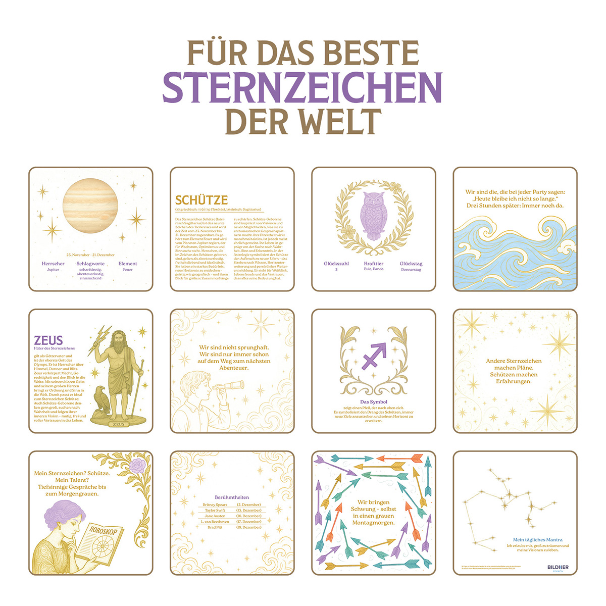 Kalenderseite mit mehreren Karten mit Tierkreiszeichen und zugehörigen Informationen. Der Text oben lautet 'FÜR DAS BESTE STERNZEICHEN DER WELT'.