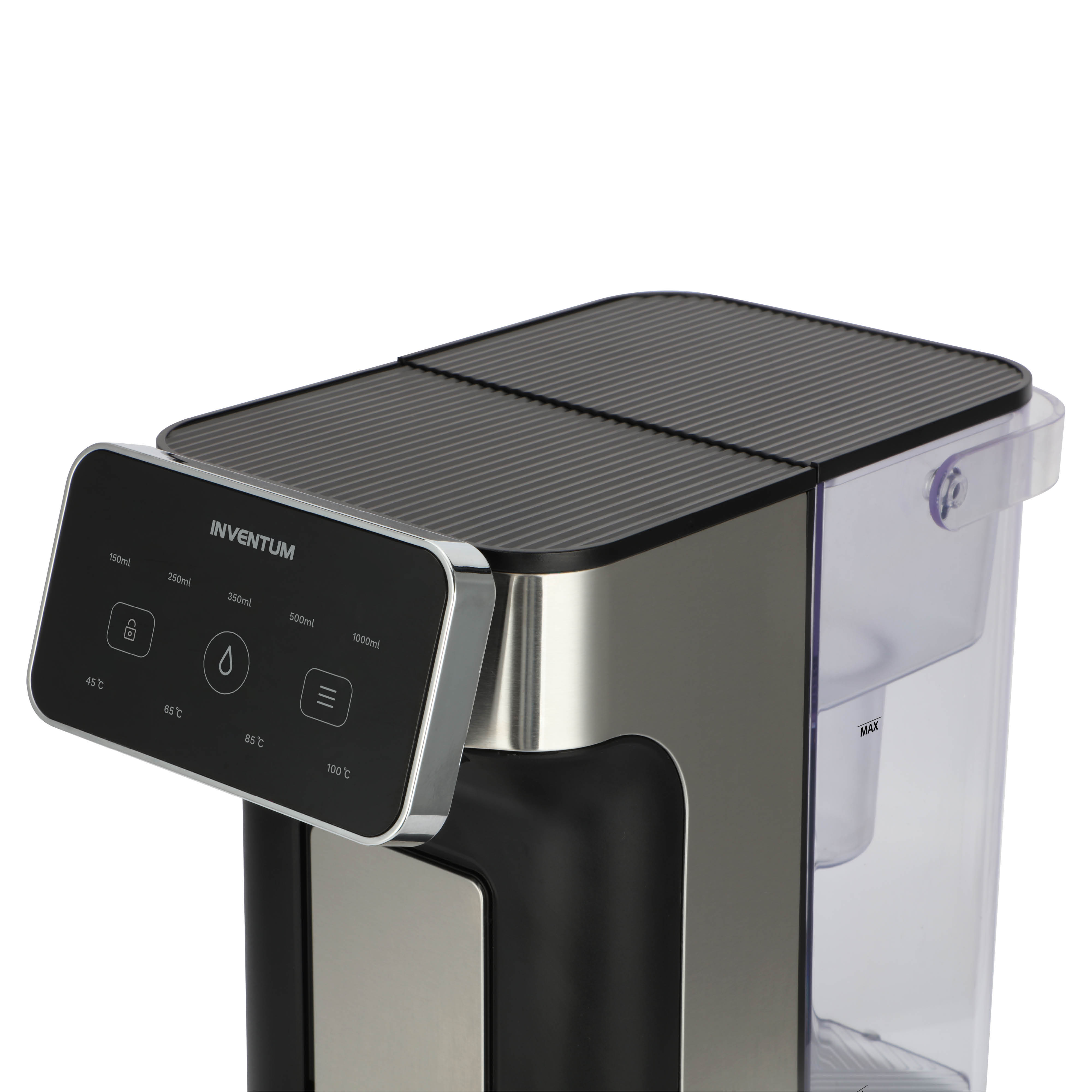 Een waterdispenser met een zwarte bovenkant, zilveren behuizing en bedieningspaneel met temperatuurinstellingen en waterhoeveelheid.