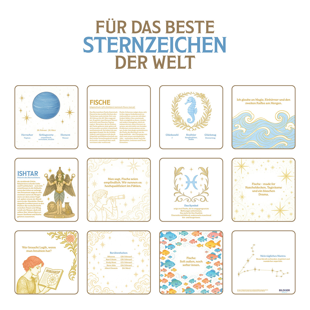 Eine Tabelle mit Tierkreiszeichen. Jede Karte hat ein Bild und Text. Der Titel lautet: 'Für die besten Sternzeichen der Welt'.