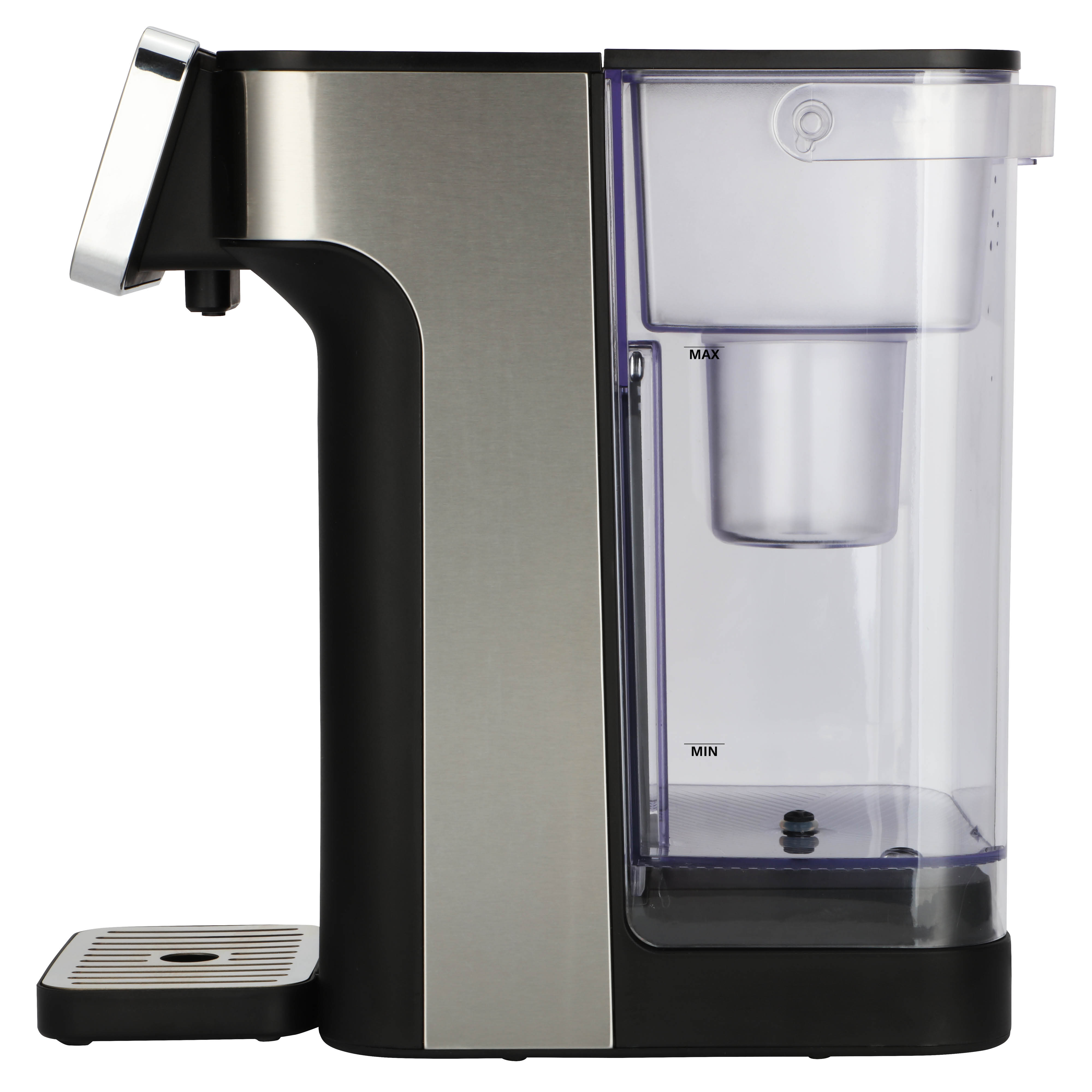 Een waterkoker met een zwart en zilver design. Hij heeft een watercontainer aan de rechterkant.