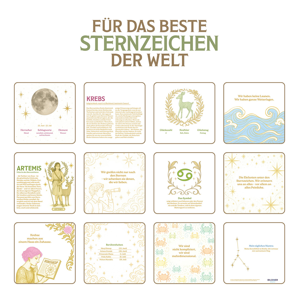 Kalenderseite mit mehreren Karten mit Tierkreiszeichen und zugehörigen Informationen. Der Text oben lautet 'FÜR DAS BESTE STERNZEICHEN DER WELT'.