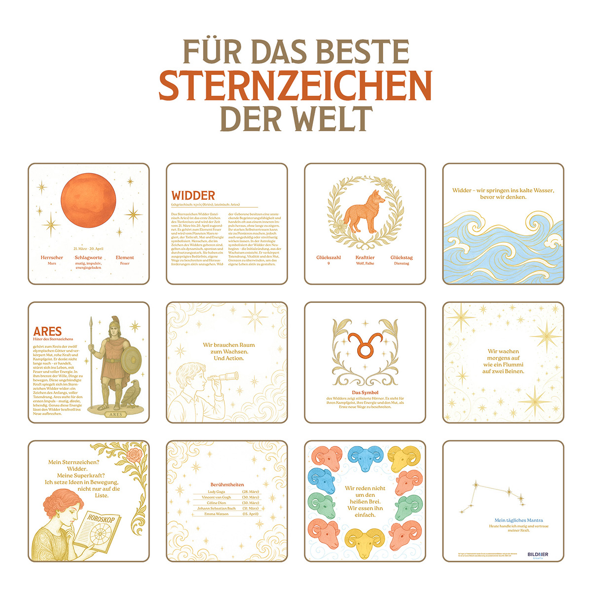 Eine Tabelle mit Tierkreiszeichen. Jede Karte hat ein Bild und Text. Der Titel lautet: 'Für die besten Sternzeichen der Welt'.