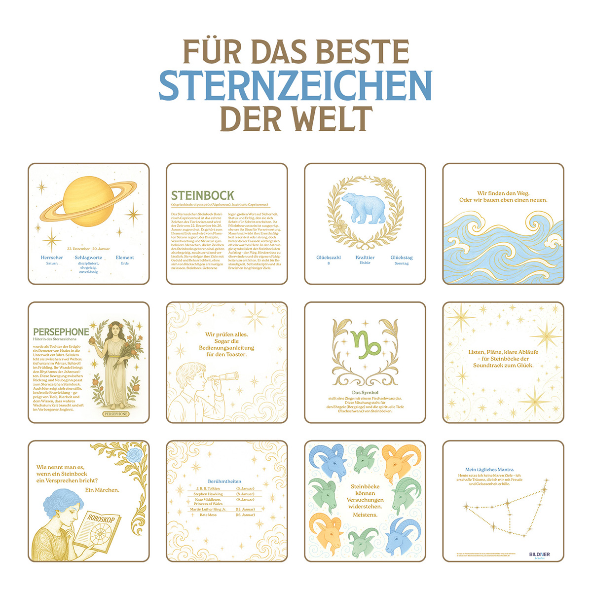 Eine Tabelle mit Tierkreiszeichen. Jede Karte hat ein Bild und Text. Der Titel lautet: 'Für die besten Sternzeichen der Welt'.