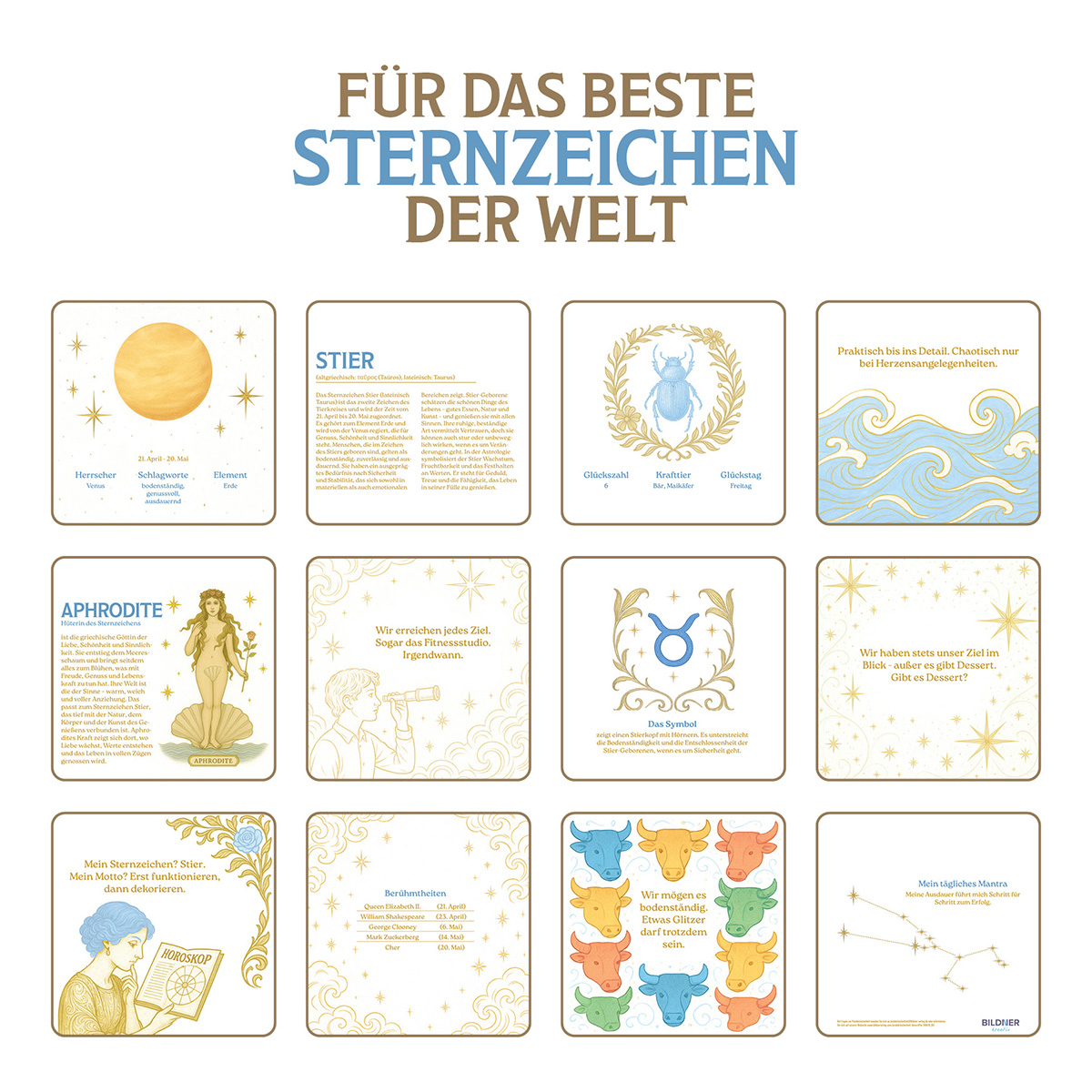 Eine Tabelle mit Tierkreiszeichen. Jede Karte hat ein Bild und Text. Der Titel lautet: 'Für die besten Sternzeichen der Welt'.