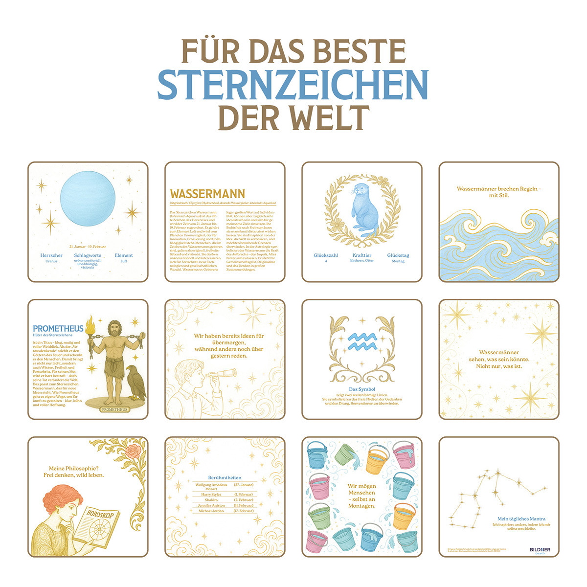 Eine Tabelle mit Tierkreiszeichen. Jede Karte hat ein Bild und Text. Der Titel lautet: 'Für die besten Sternzeichen der Welt'.