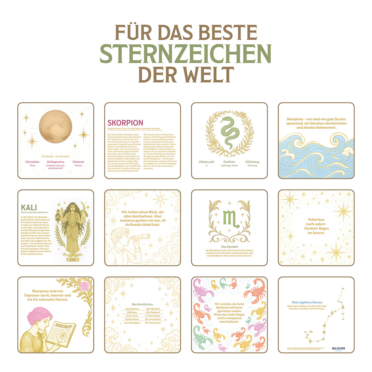 Eine Tabelle mit Tierkreiszeichen. Jede Karte hat ein Bild und Text. Der Titel lautet: 'Für die besten Sternzeichen der Welt'.