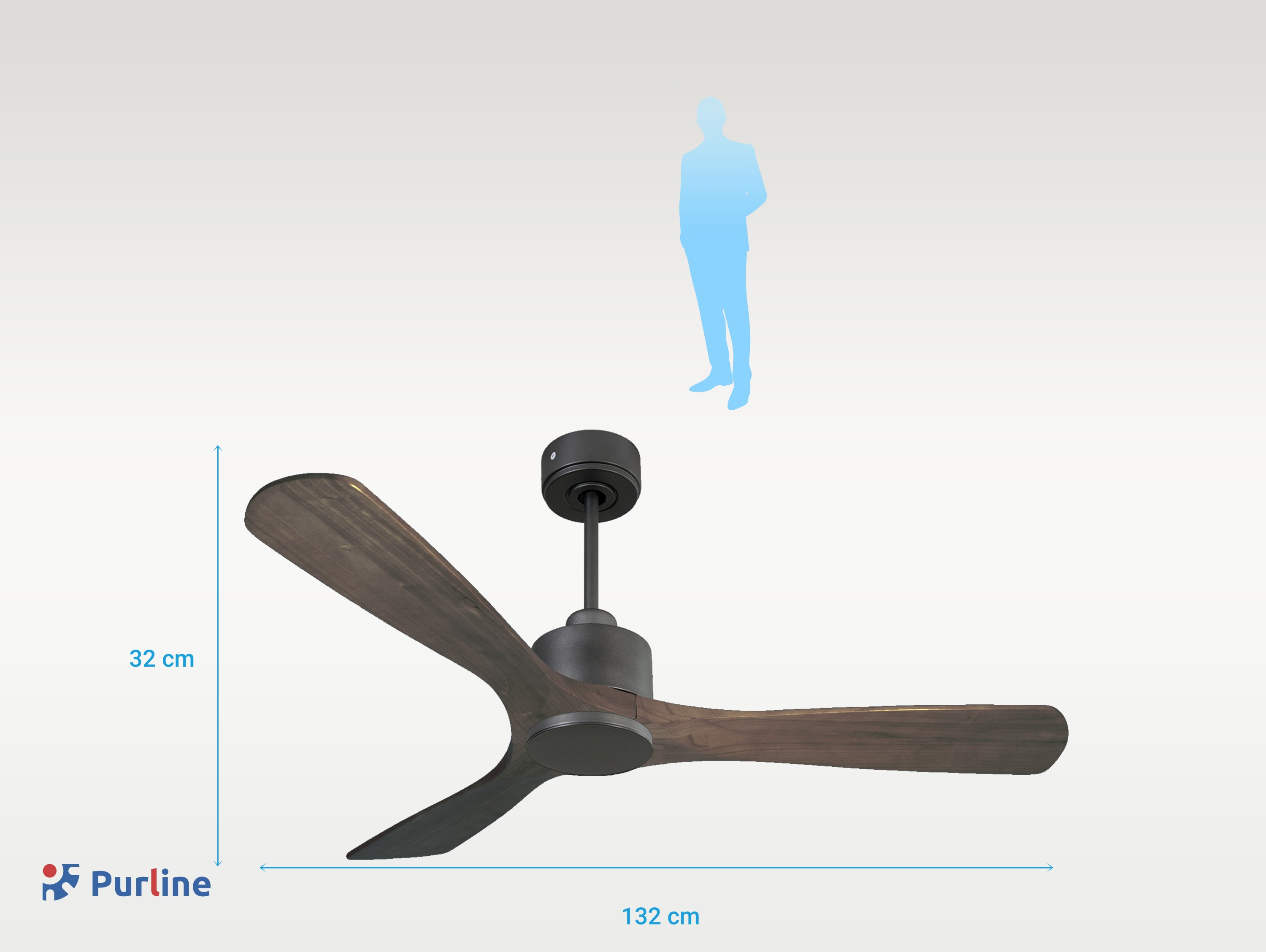 Se muestra un ventilador de techo negro con tres aspas marrones oscuras sobre un fondo claro con medidas.