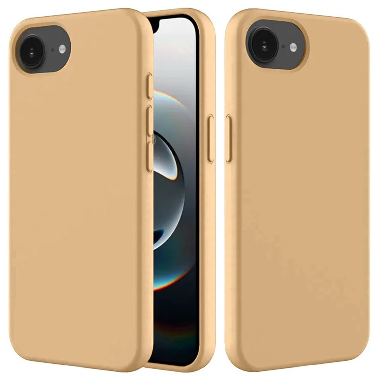 Drie bruine telefoonhoesjes, waarvan één op een telefoon, worden weergegeven tegen een witte achtergrond, waarbij het ontwerp van de hoesjes wordt getoond.