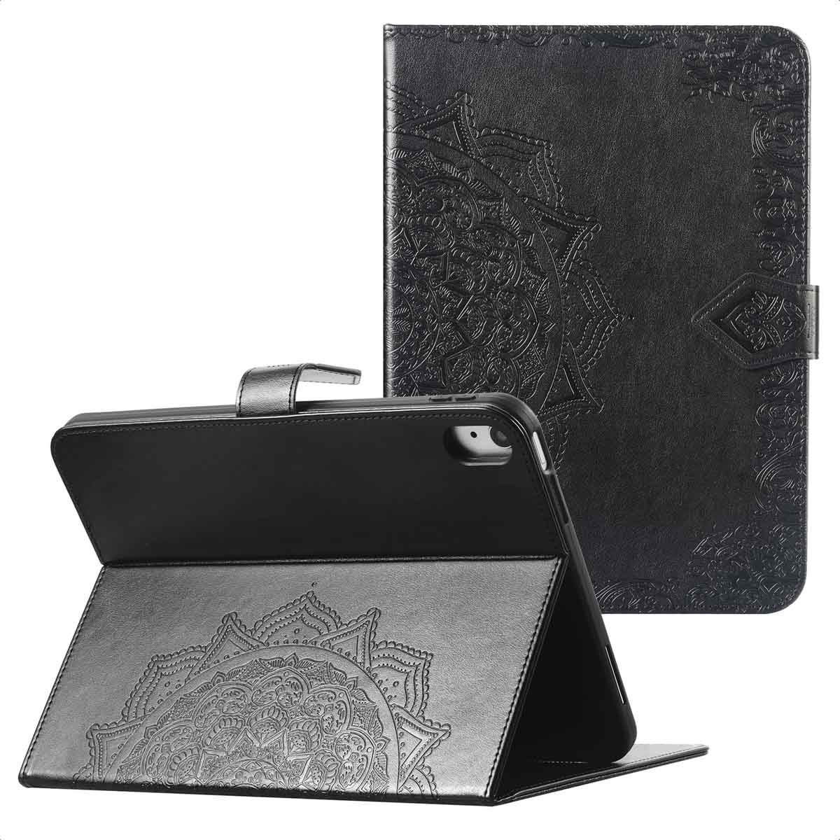 Two black tablet cases, one open showing a tablet, display a decorative mandala pattern on their exteriors.