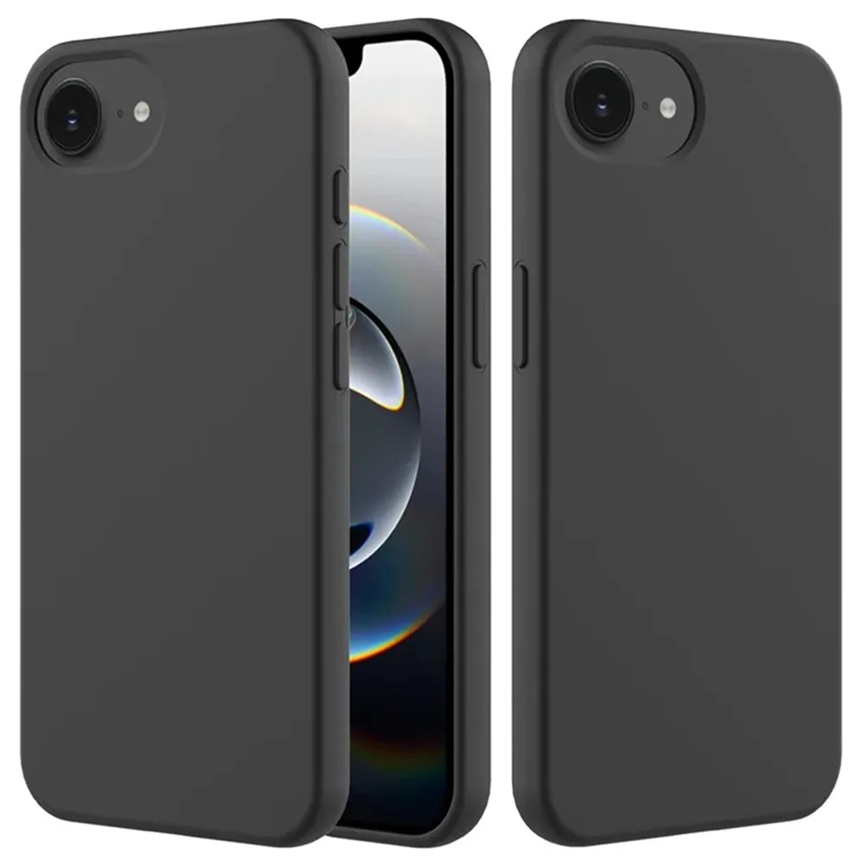 Twee zwarte telefoonhoesjes, één open om een telefoonscherm te onthullen, de andere toont de achterkant.