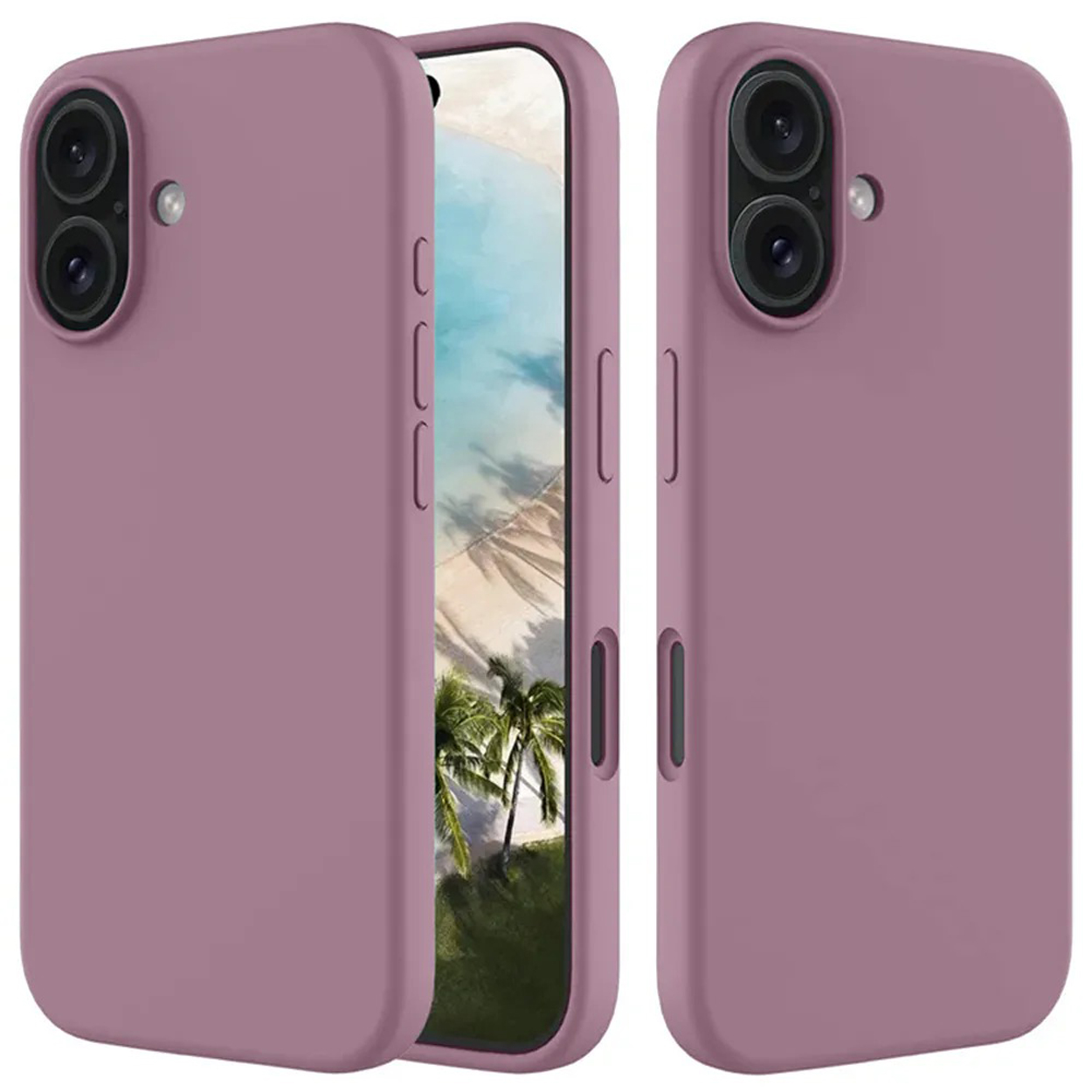 Deux coques de téléphone mauves, une avec un écran de téléphone, l'autre montrant l'arrière, un palmier est visible.
