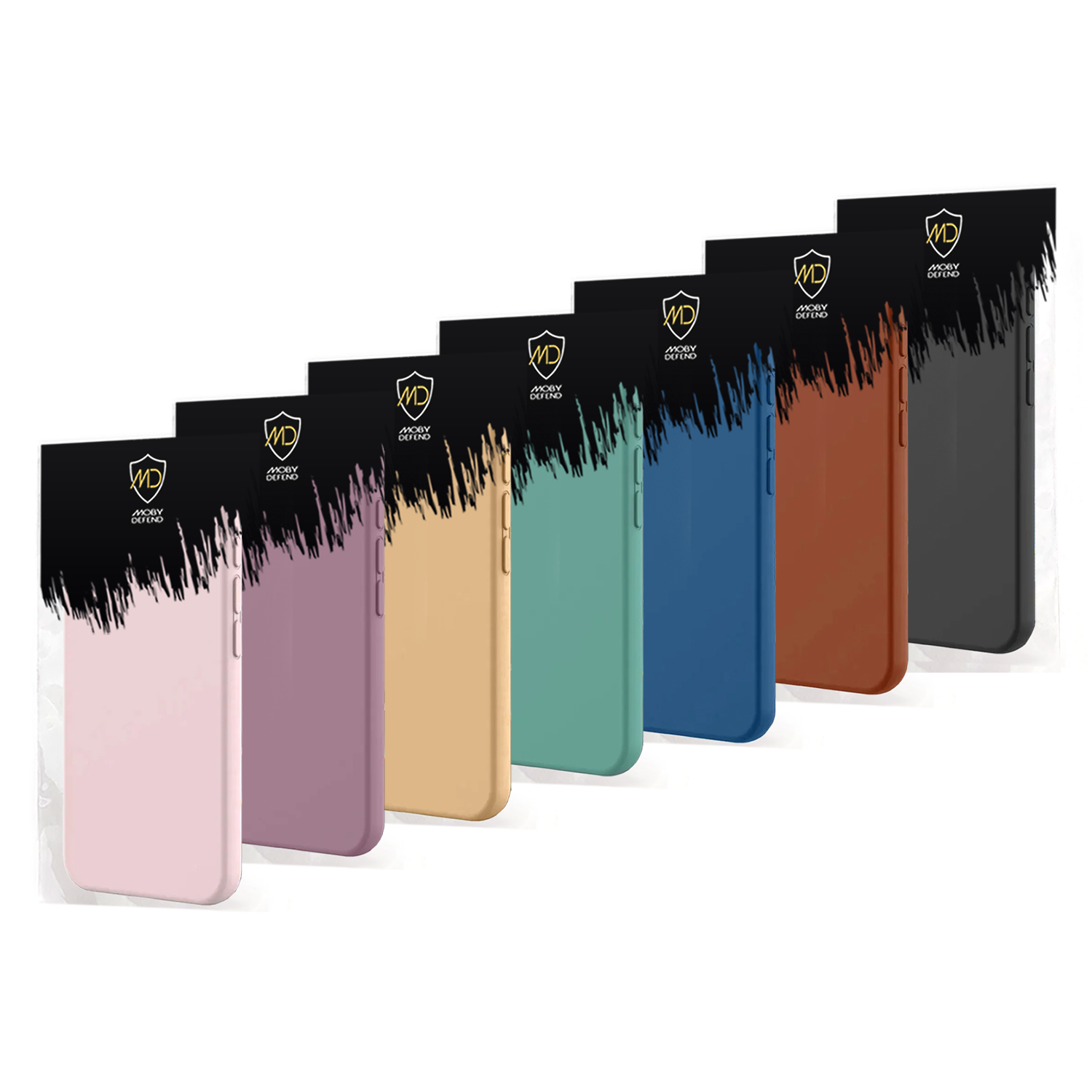 Zeven telefoonhoesjes in verschillende kleuren, elk in een plastic hoes, met het Angry Defend logo zichtbaar.