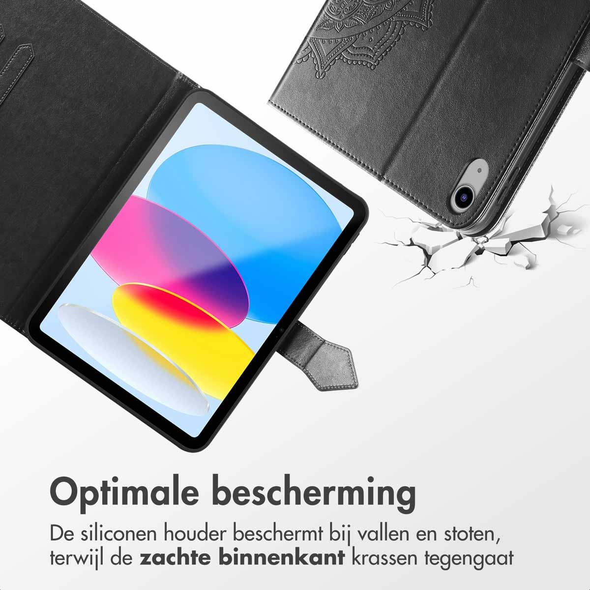 Black iPad case with a mandala design. Text: Optimal protection. iPad on the right, text in Dutch.