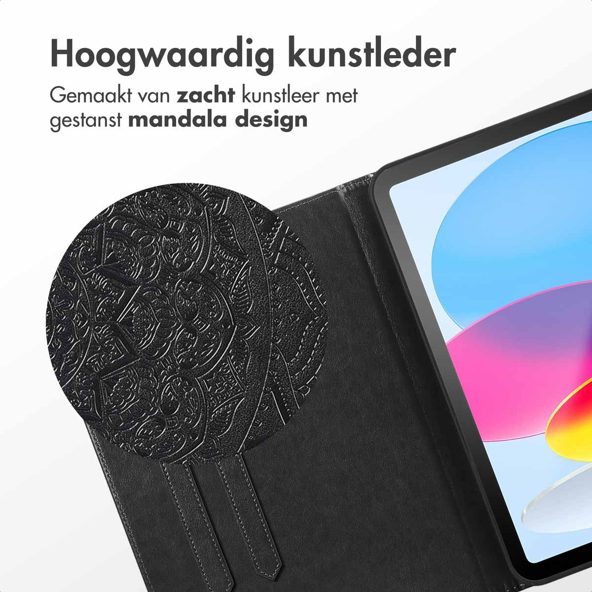 Black iPad case with mandala design. Detail of the design. Text in Dutch: High quality leather.