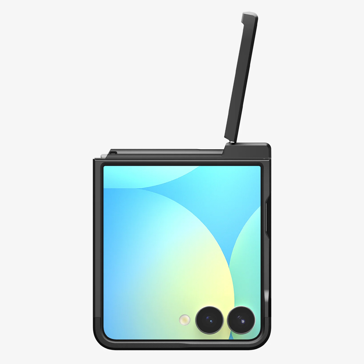Telefono nero, parzialmente aperto. Schermo blu e giallo. Sfondo bianco.