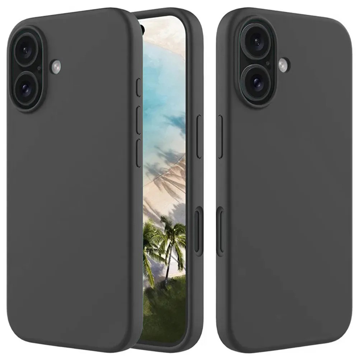Deux coques de téléphone noires, chacune avec deux objectifs de caméra et un écran clair. Palmiers en arrière-plan.