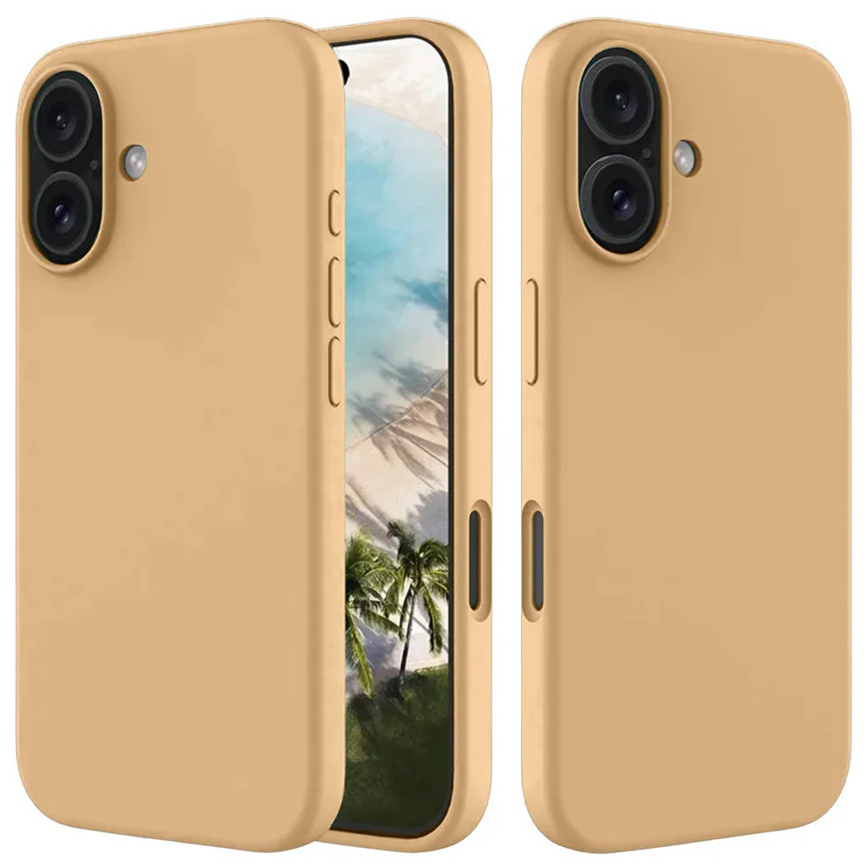 Deux coques de téléphone beiges. Une coque est sur un téléphone avec l'écran allumé, l'autre est vide.