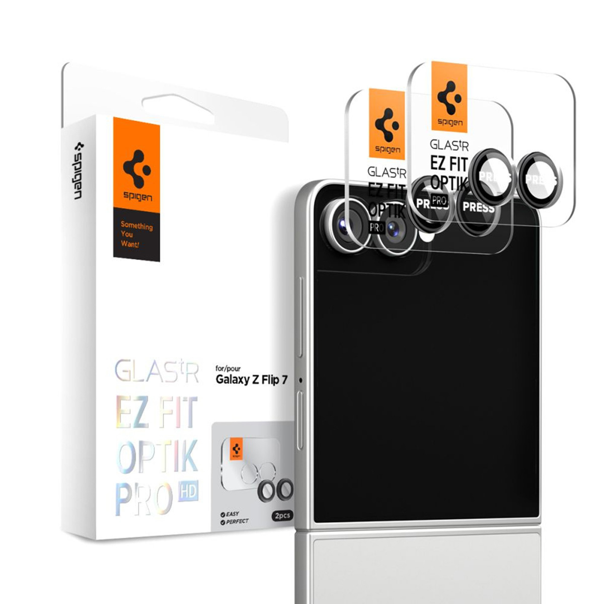 Kit de protection d'écran de téléphone. Textes : Spigen, EZ Fit Optik Pro, pour Galaxy Z Flip 7. Comprend téléphone, coque et protecteur.