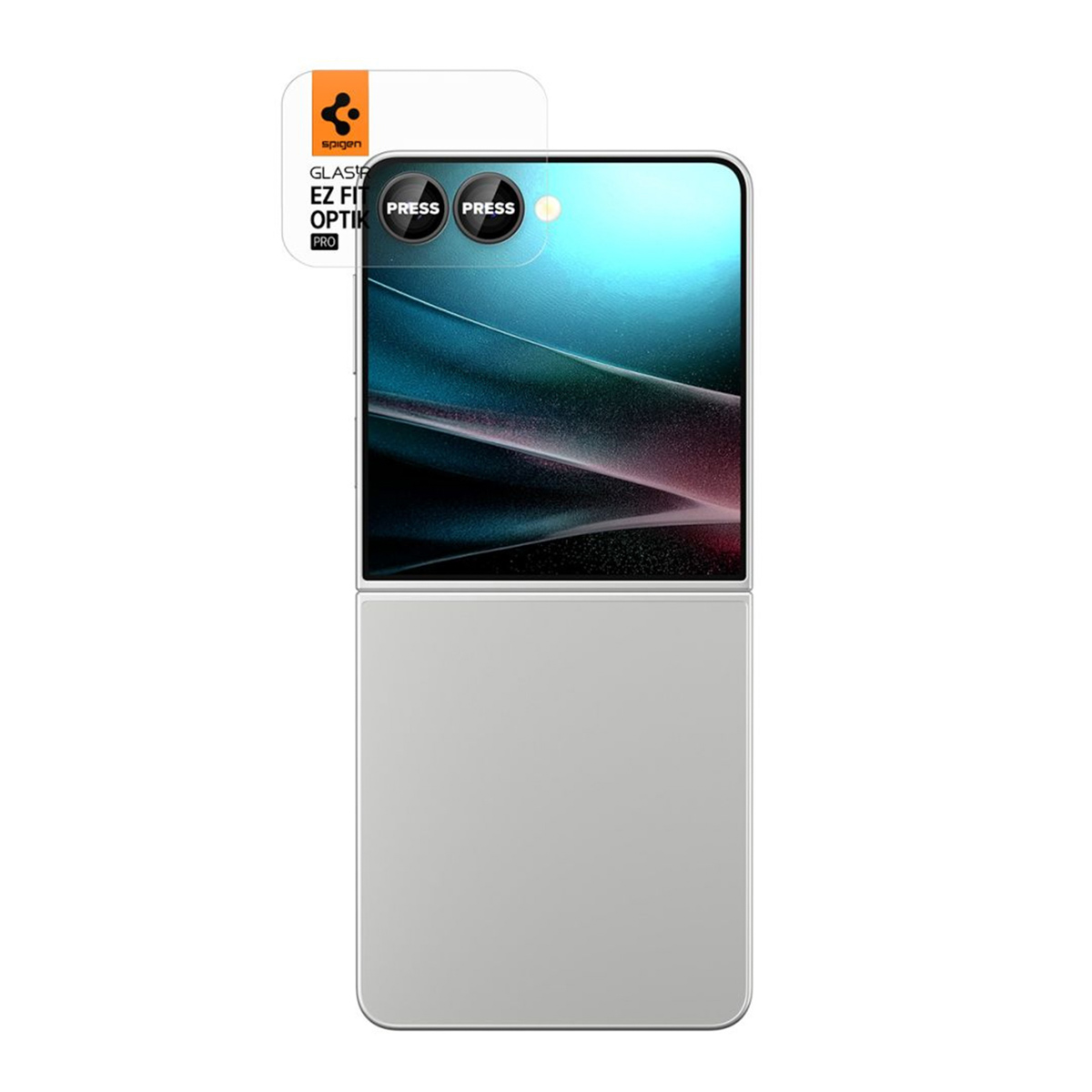 Kit de protection d'écran de téléphone. Textes : Spigen, EZ Fit Optik Pro, appuyer. Comprend téléphone, coque et protecteur.