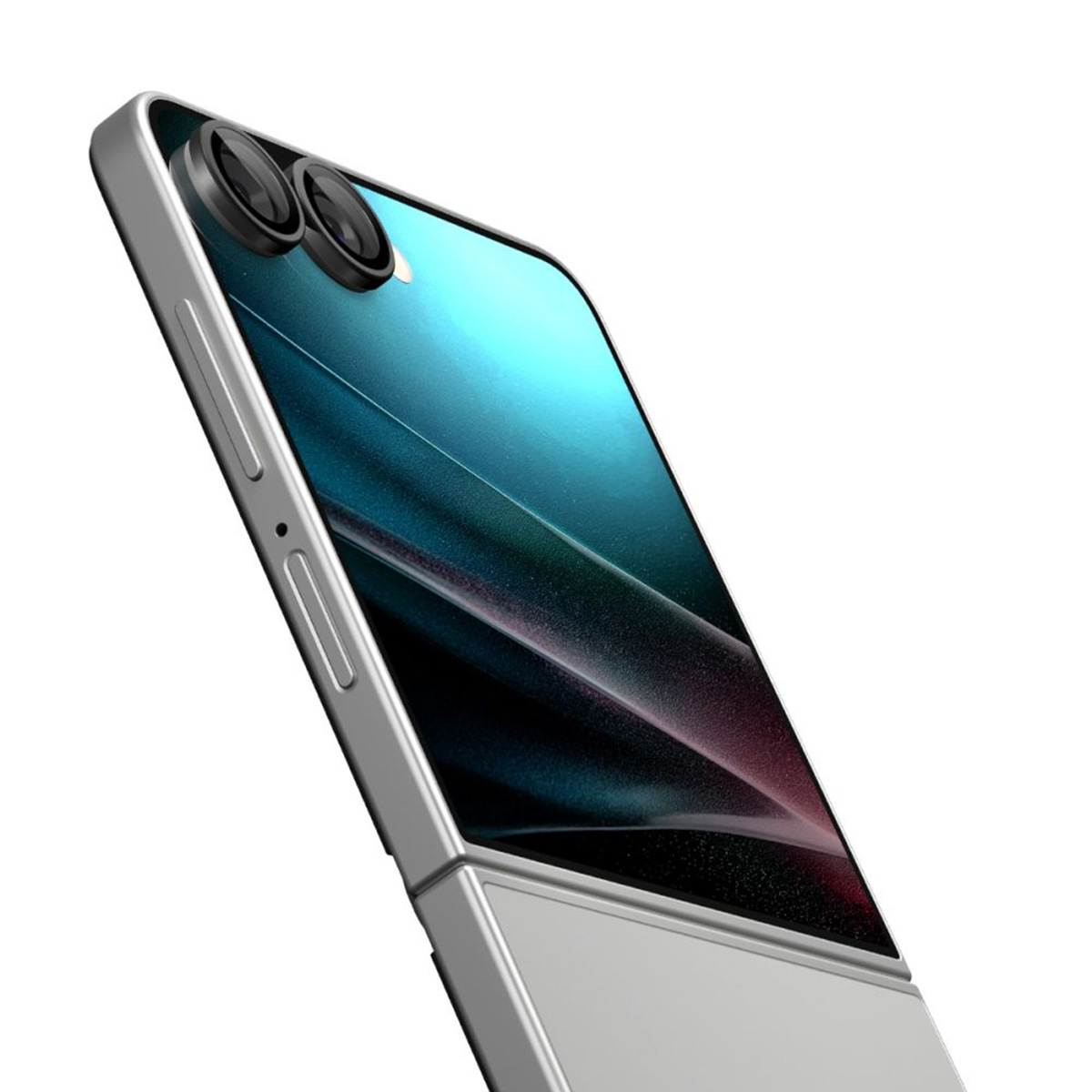 Téléphone pliable argenté, vue en angle. Deux lentilles en haut, écran affiche des nuances bleues et rouges. Fond blanc.