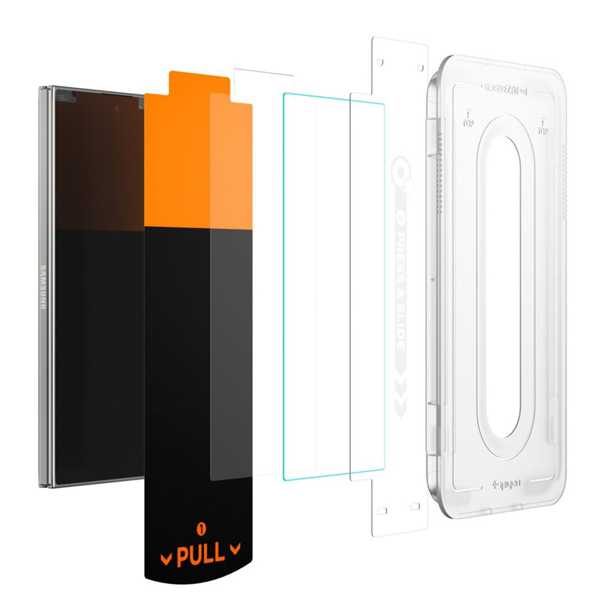 Phone screen protector kit with Samsung phone. Text: Press & Slide and Pull. Includes phone, case, and protector.