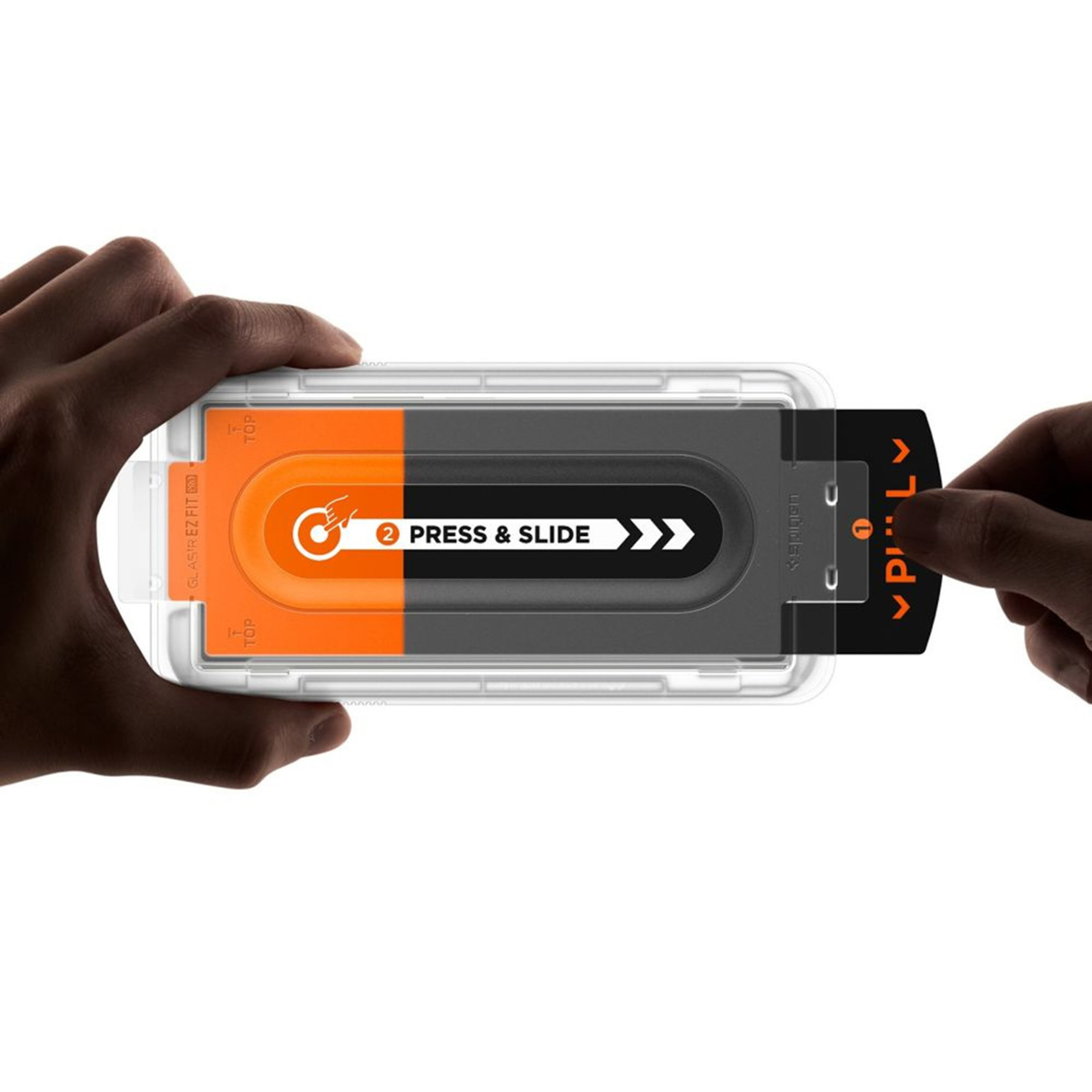 Hand holding phone screen protector kit. Text: Press & Slide and Pull. Kit includes phone, case, and protector.