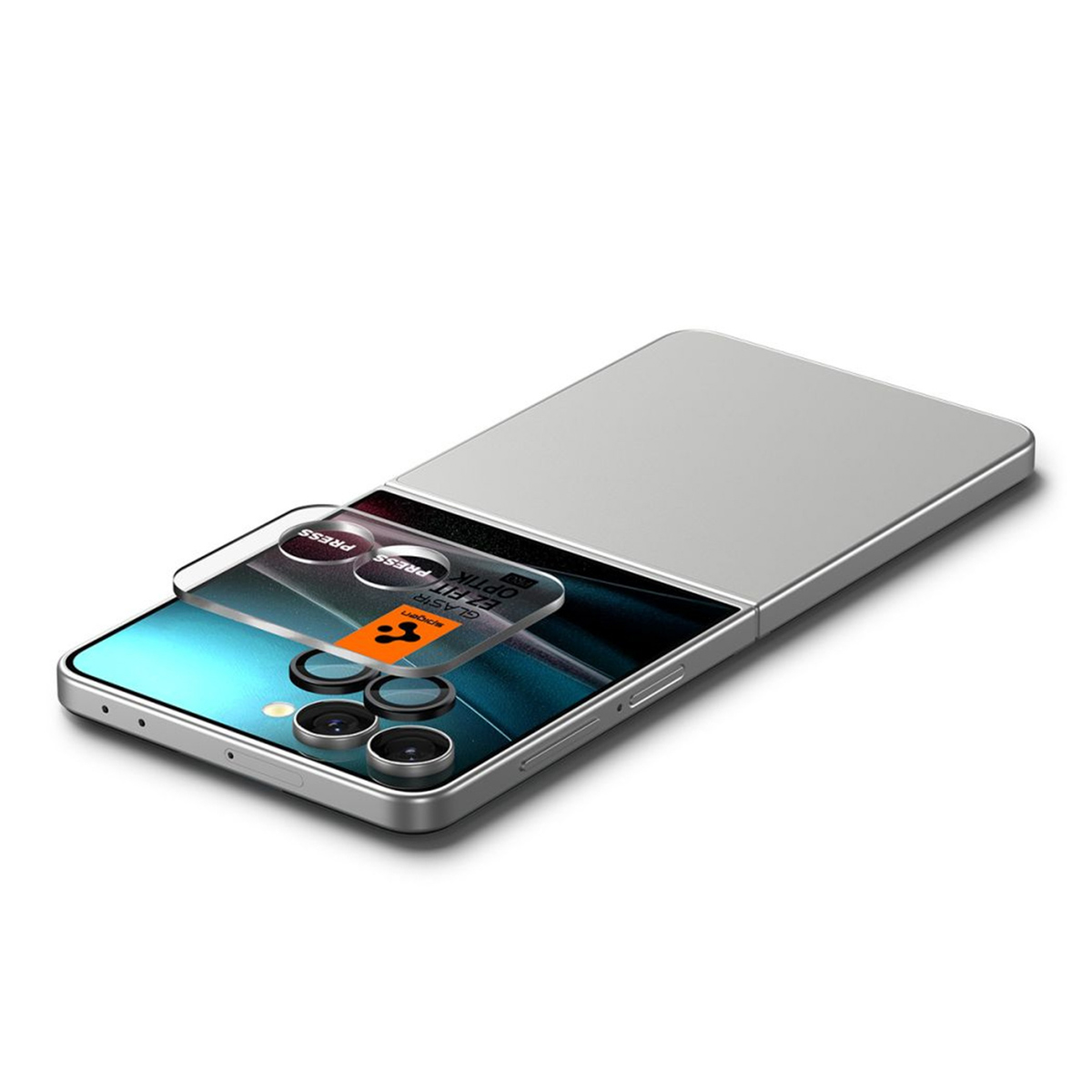 Kit de protection d'écran de téléphone. Textes : Spigen, EZ Fit Optik Pro, appuyer. Comprend téléphone, coque et protecteur.