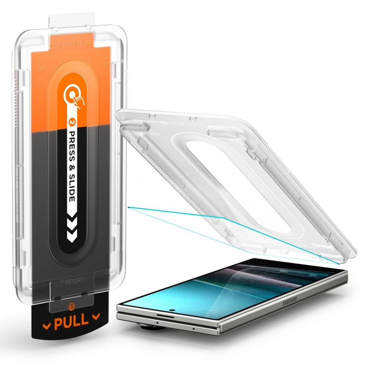 Phone screen protector kit. Includes phone, a case, and an alignment tool. Text: Press & Slide and Pull.
