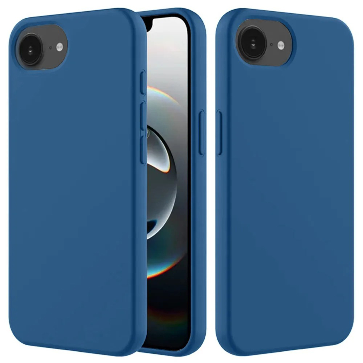 Blauwe telefoonhoes. Drie telefoons, één toont het scherm, twee tonen de achterkant. Donkere achtergrond.