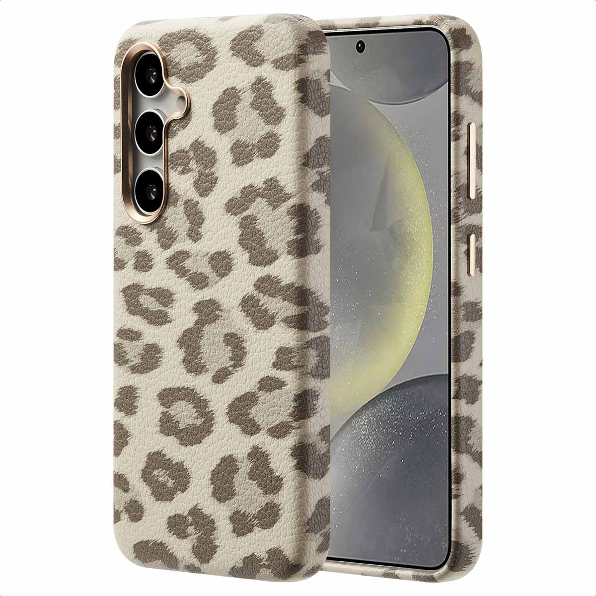 Telefoonhoesje met luipaardprint. Beige achtergrond, telefoon zit in de hoes. Gouden rand rond de cameralenzen.