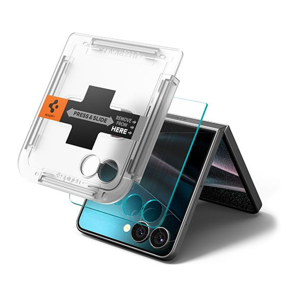 Un téléphone équipé d'un protecteur d'écran, avec une boîte noire et orange.