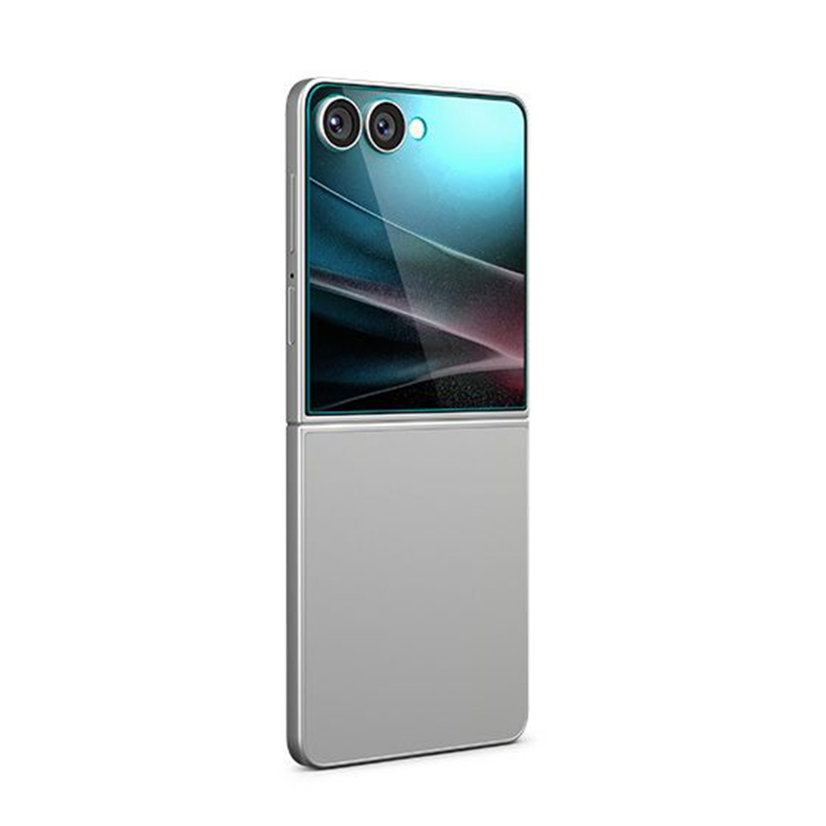 Un téléphone pliable de couleur argent avec un écran bleu. L'étui est également argenté.