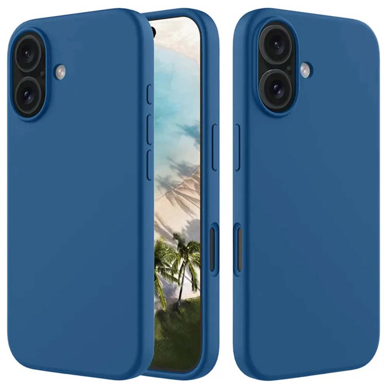 Deux coques de téléphone bleues. Une devant et une derrière. Les deux ont des découpes pour la caméra.