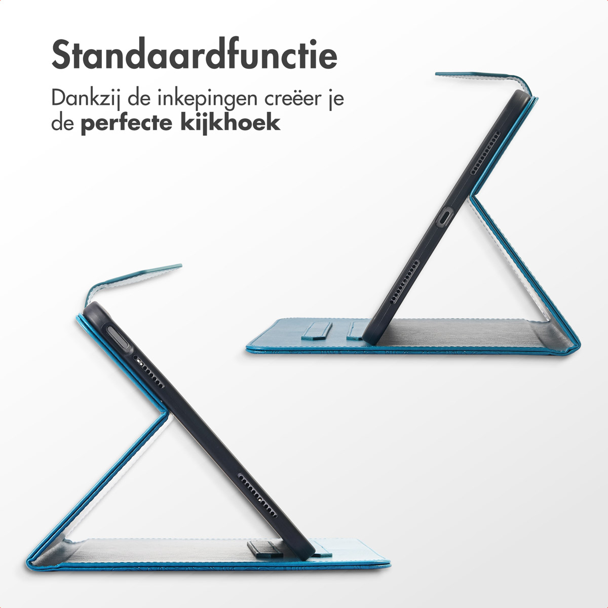 A tablet case in two positions, showing the stand feature. The case is blue with black interior.