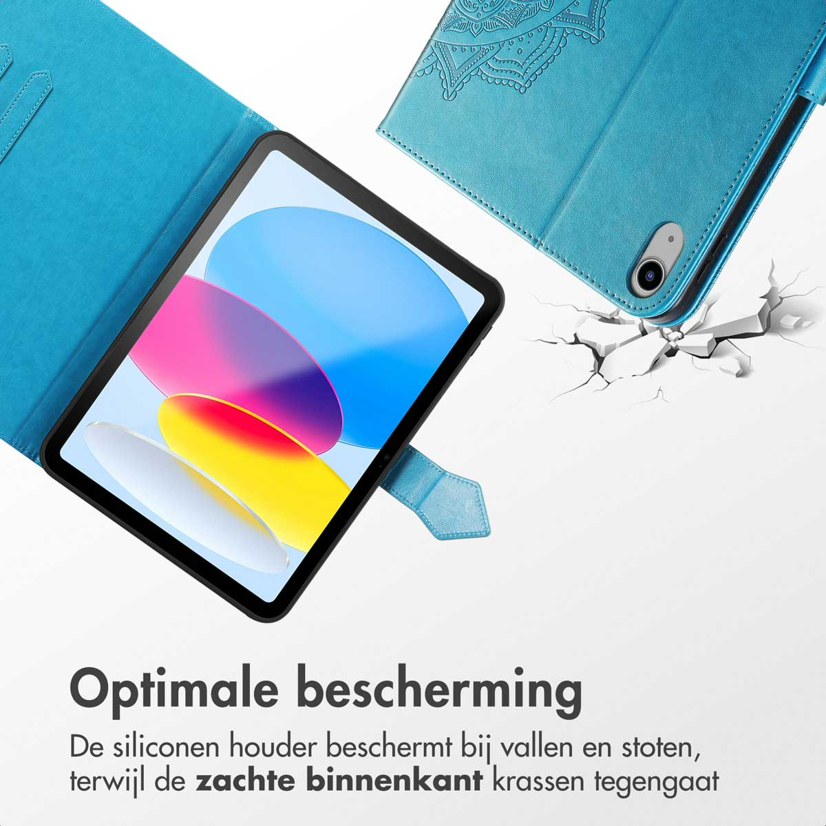 Blue tablet in a blue case. Text: Optimal protection. The case is made of silicone.