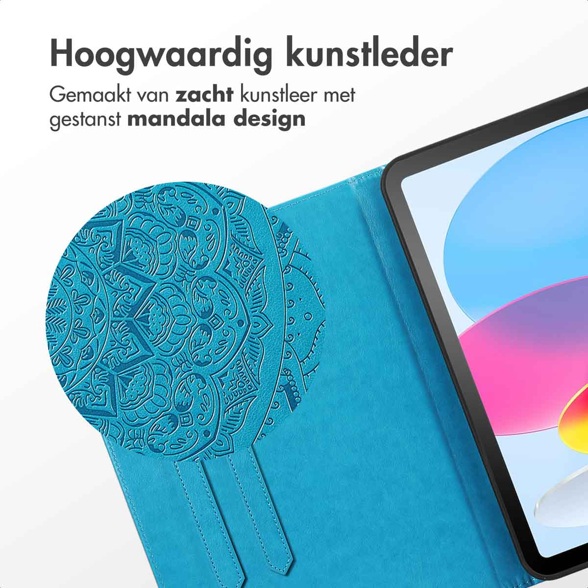 A close-up of a blue tablet case, with a floral design. The tablet case is open.