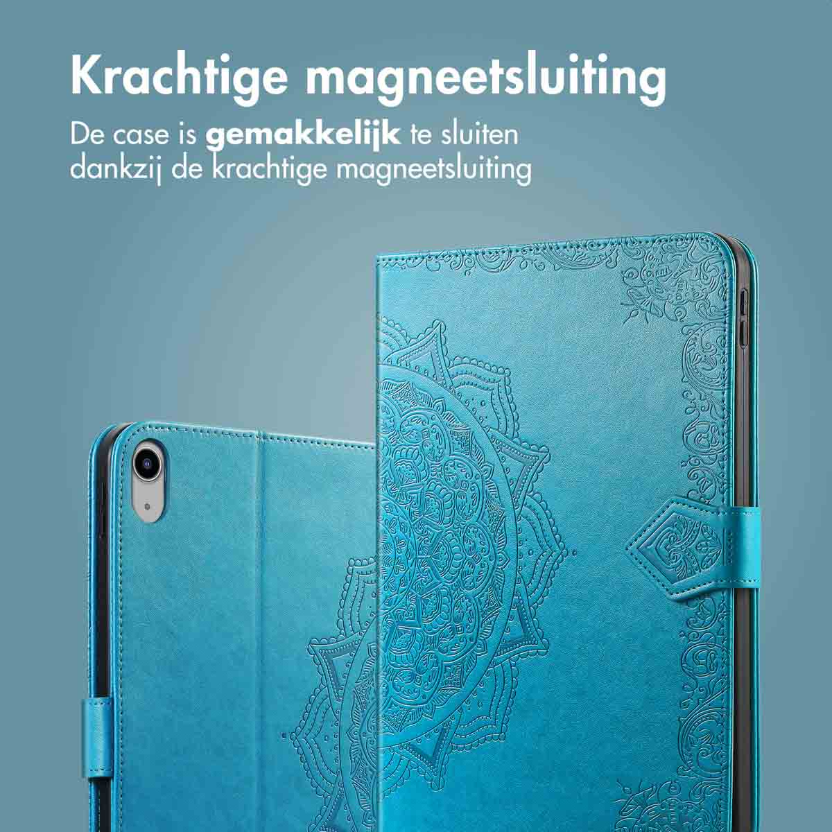 A blue tablet case. The case is closed, with a floral design, and a magnetic clasp.