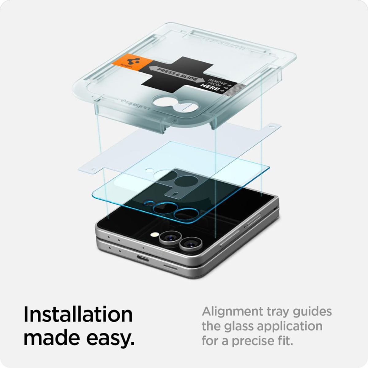 Een exploded view van de installatie van een telefoonschermbeschermer, met lagen en het applicatieproces.
