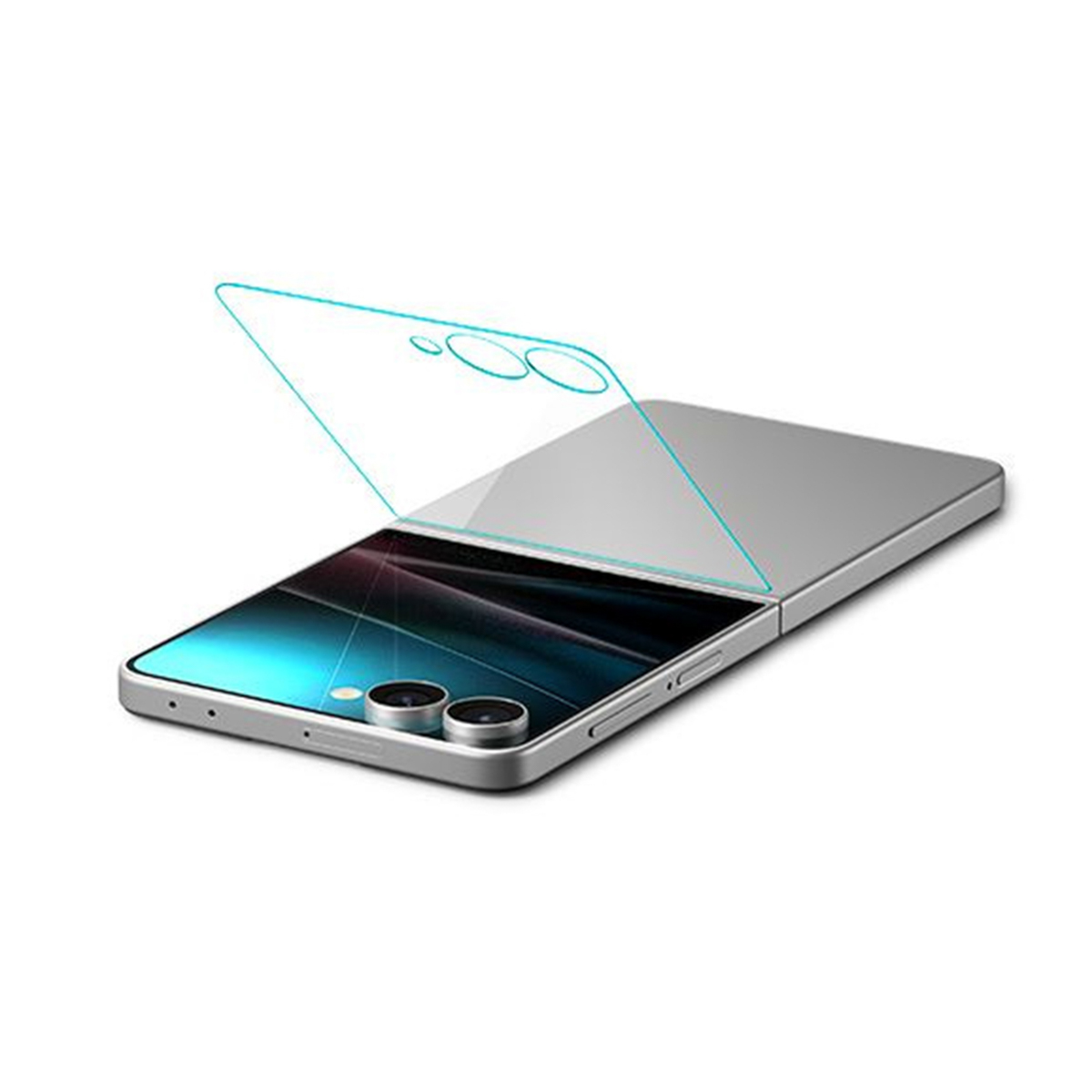 Zilveren telefoon met een schermbeschermer die wordt aangebracht. De beschermer is een heldere omtrek.
