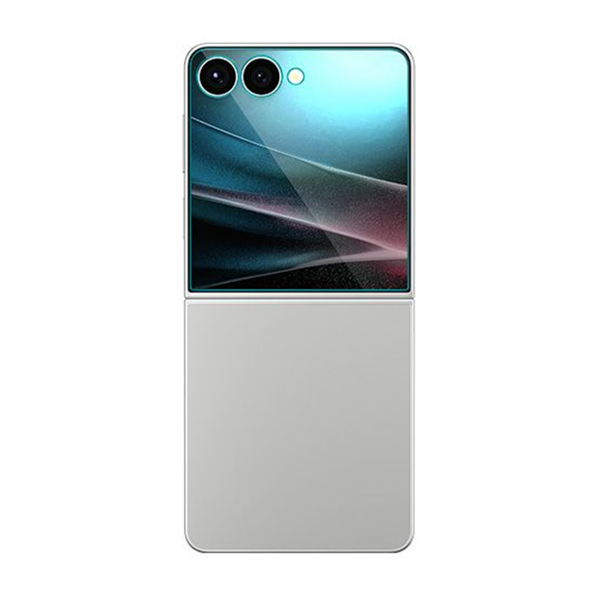 Een opgevouwen zilveren telefoon met een blauwe en paarse schermbeschermer erop, met de cameralenzen zichtbaar.