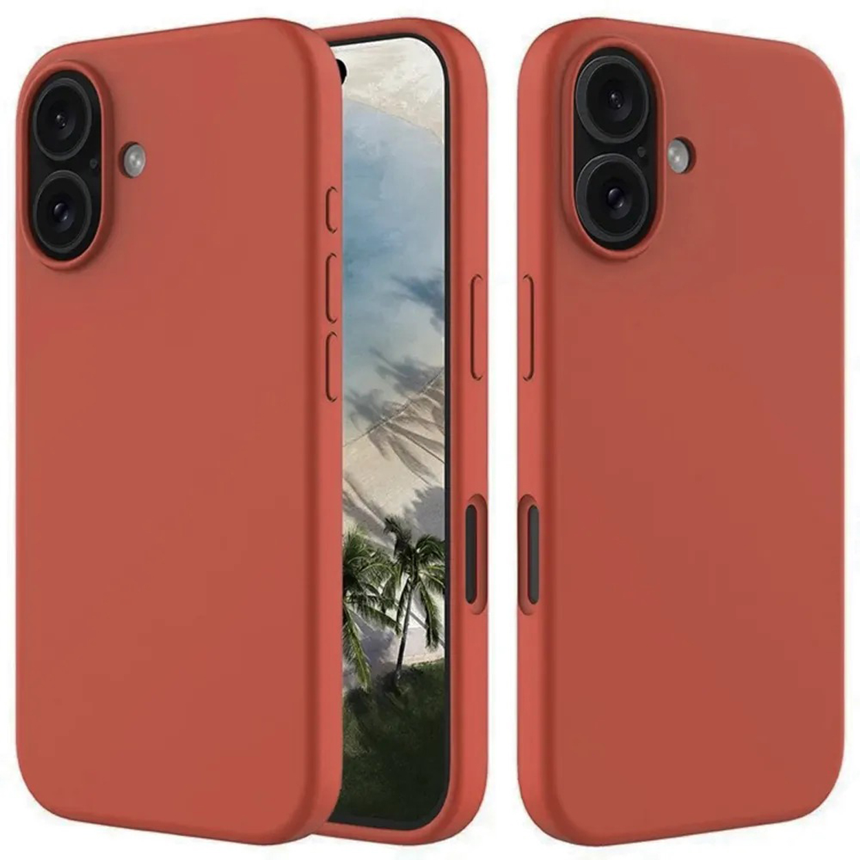 Deux coques de téléphone orange avec un téléphone entre les deux. Le téléphone a une scène tropicale comme fond d'écran.