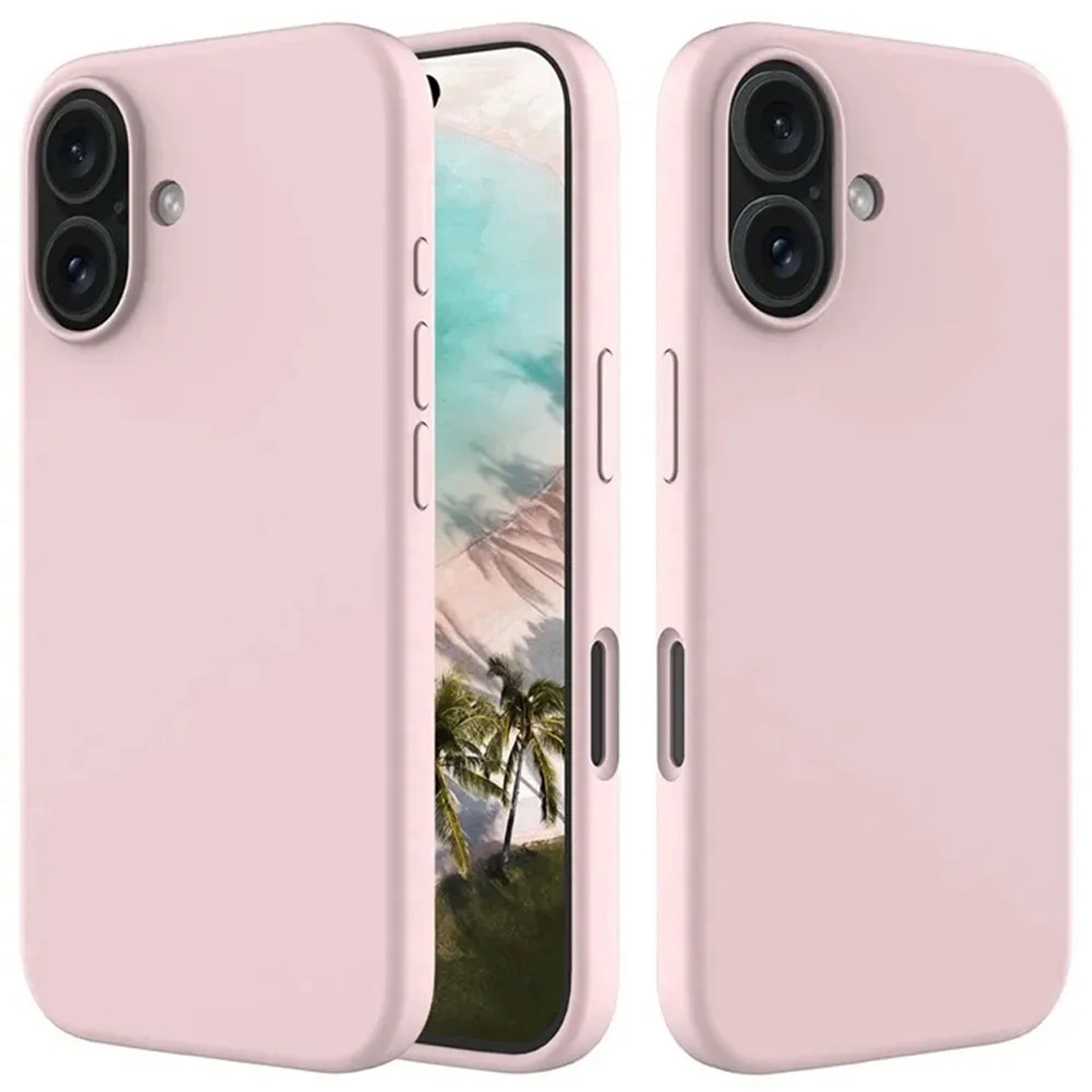 Deux coques de téléphone rose clair avec un téléphone entre les deux. Le téléphone a une scène tropicale en fond d'écran.