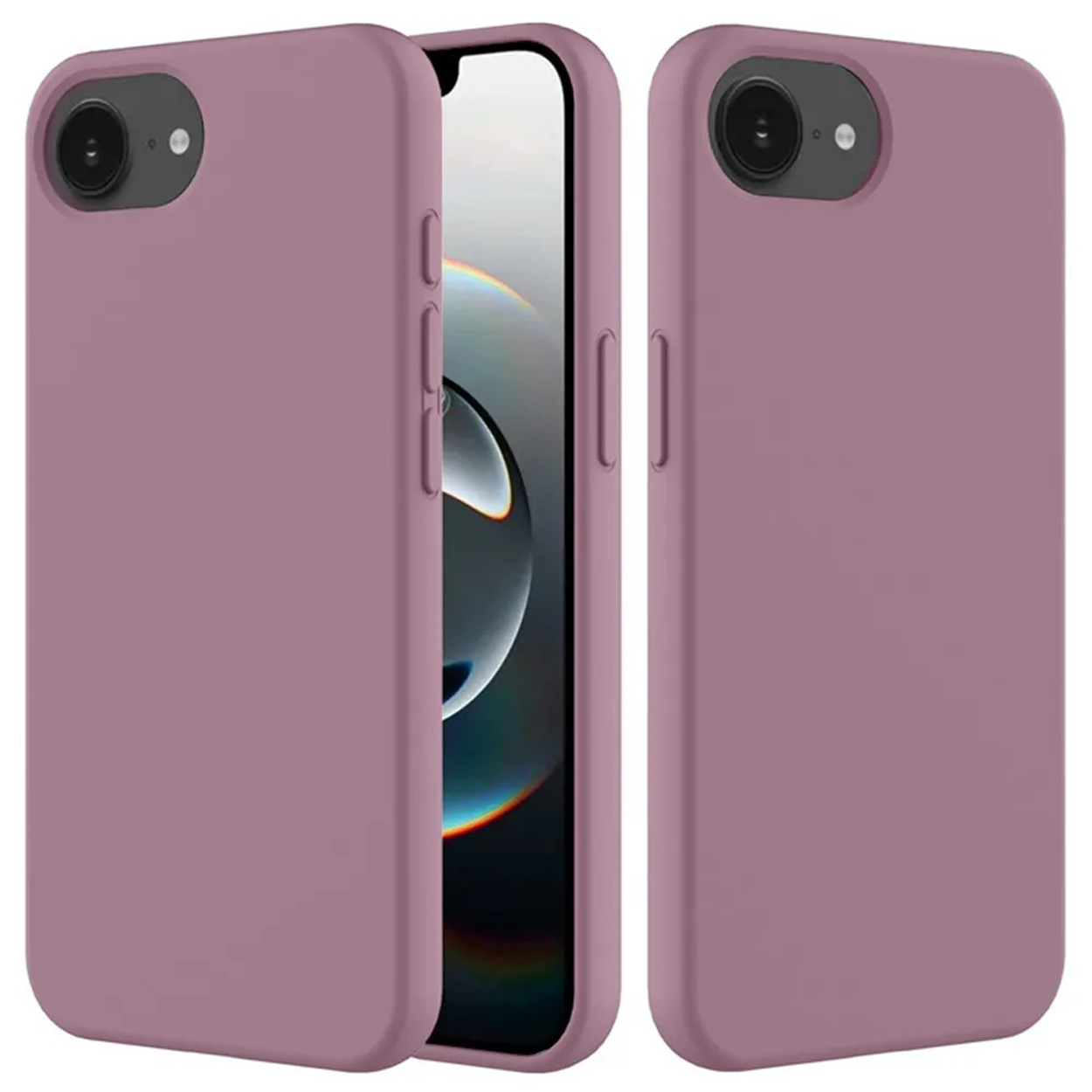 Twee paarse telefoonhoesjes met een telefoon ertussen. De telefoon heeft een abstract ontwerp als achtergrond.