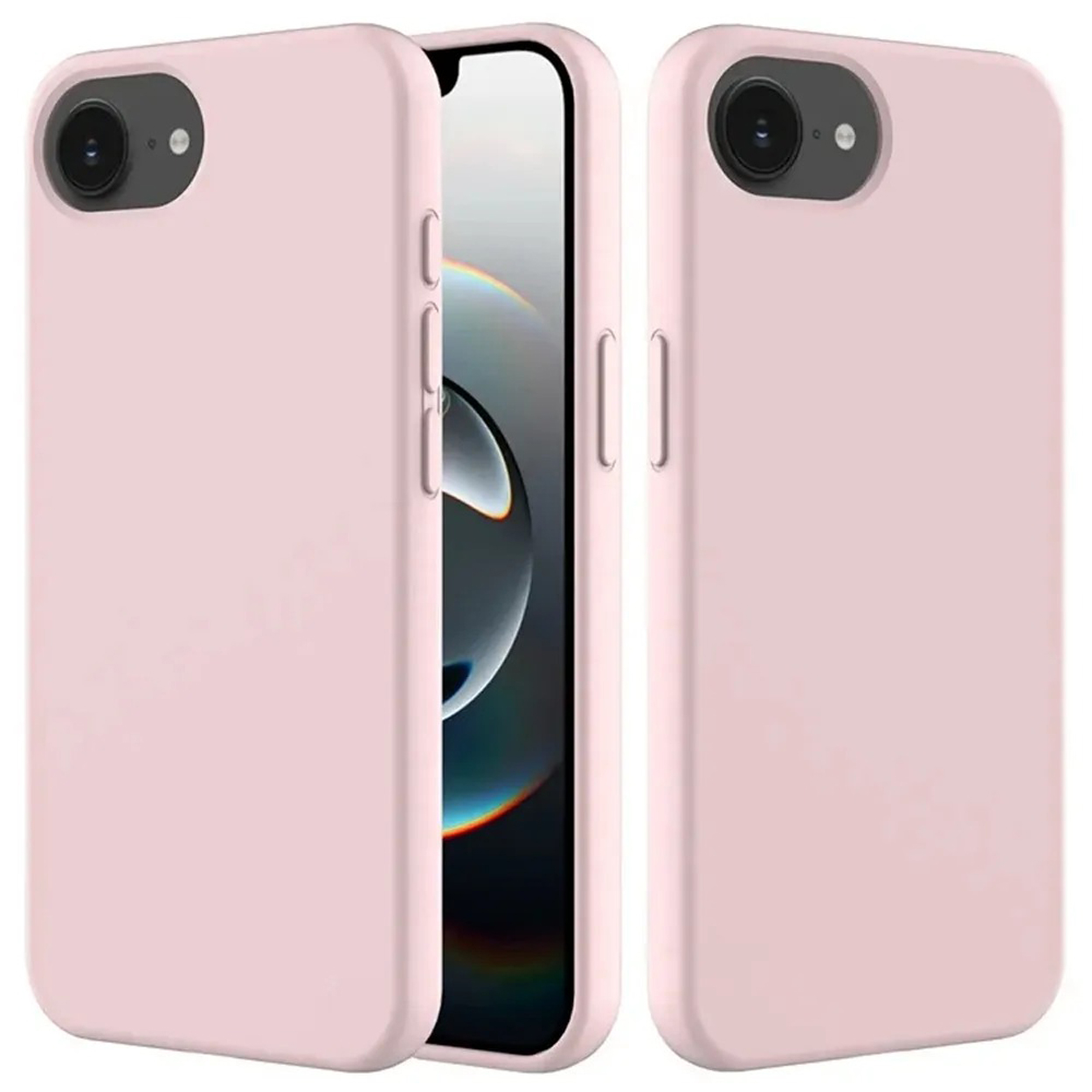 Twee lichtroze telefoonhoesjes met een telefoon ertussen. De telefoon heeft een abstract ontwerp als achtergrond.
