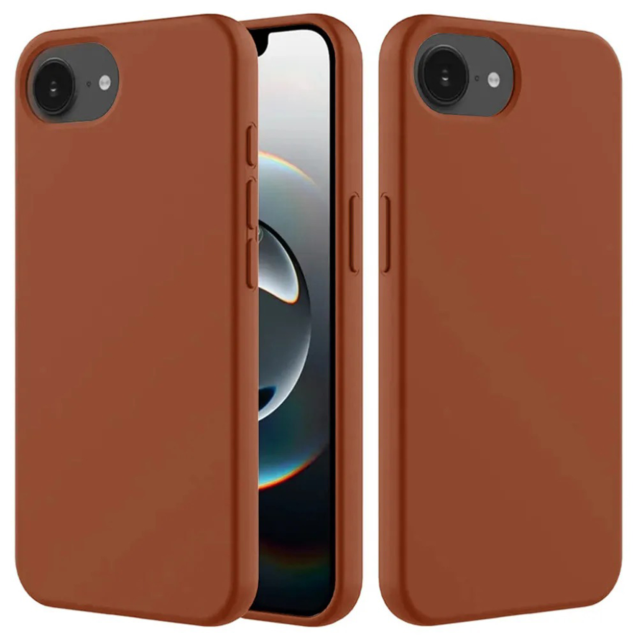 Er worden drie bruine telefoonhoesjes getoond, waarvan één met een telefoon erin.