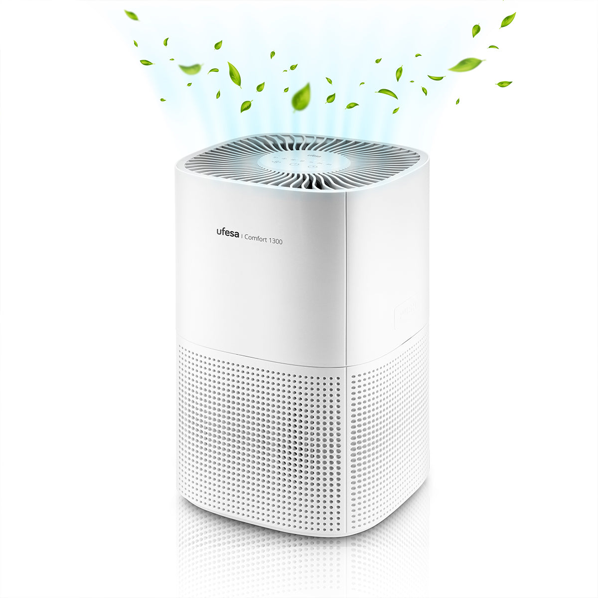 Purificador de aire blanco, Ufesa Comfort 1300, con hojas verdes flotando hacia arriba. Fondo blanco.