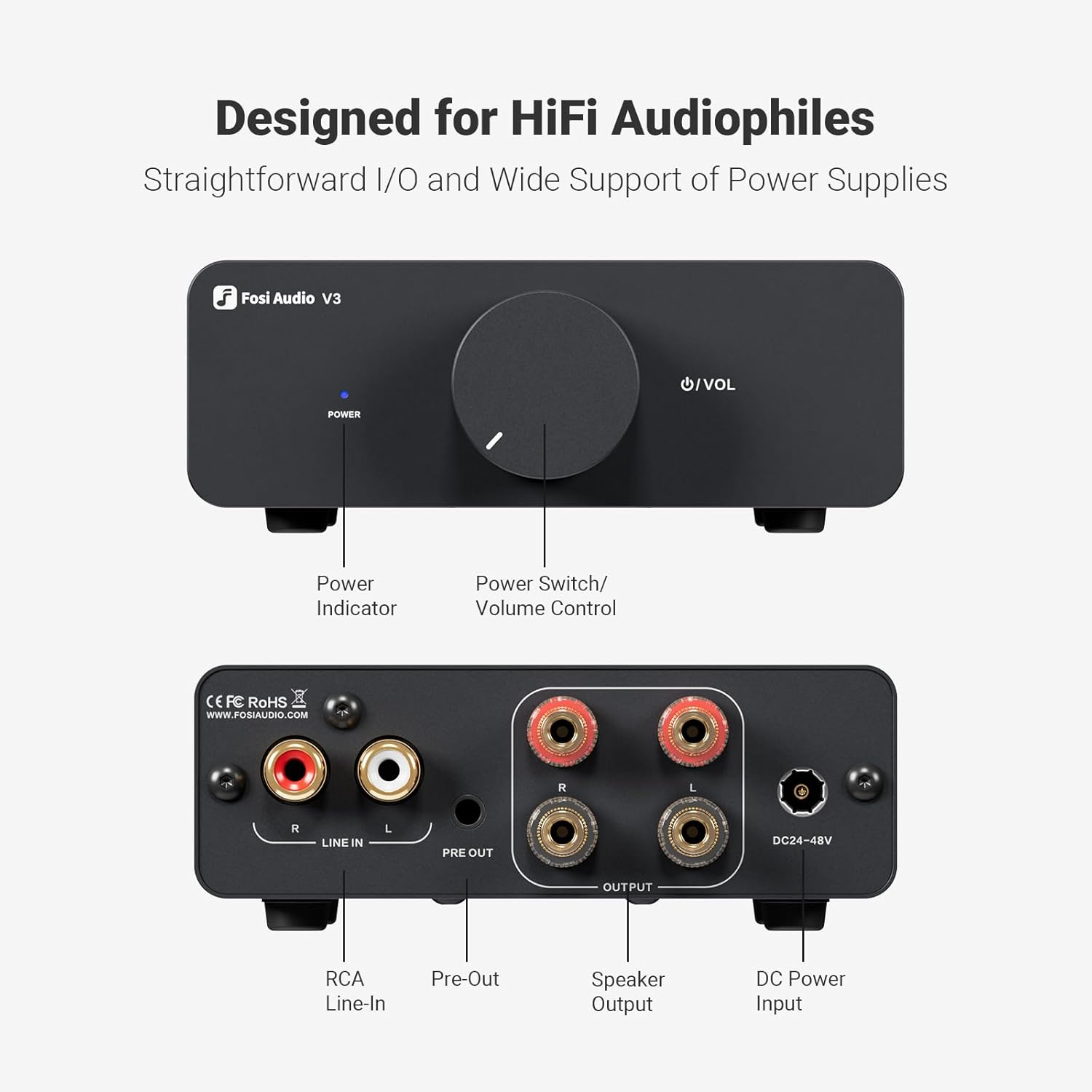 Amplificateur audio noir avec interrupteur d'alimentation, contrôle du volume et entrées et sorties RCA.