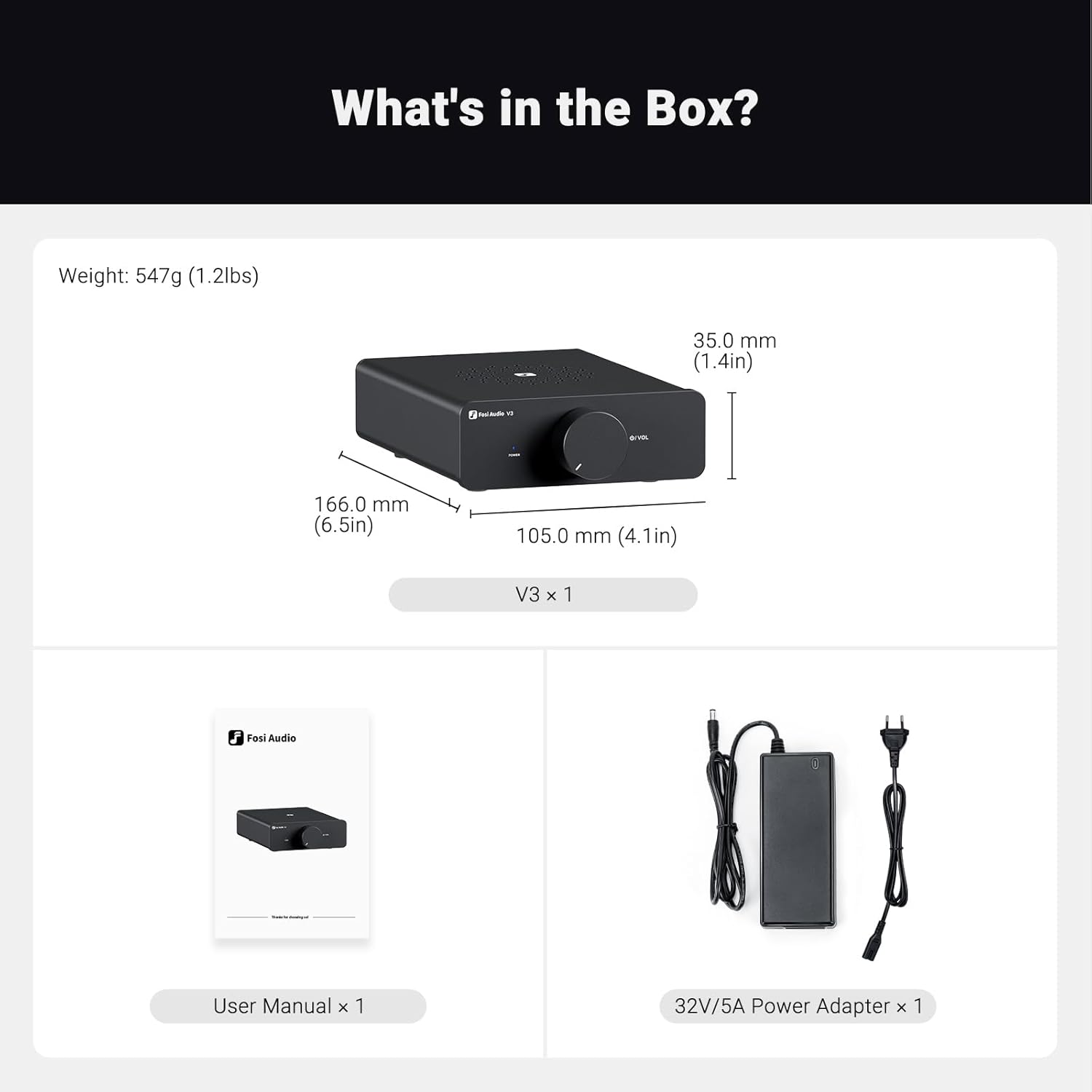 Boîte avec composants audio. Comprend un amplificateur noir, un manuel d'utilisation et un adaptateur secteur.