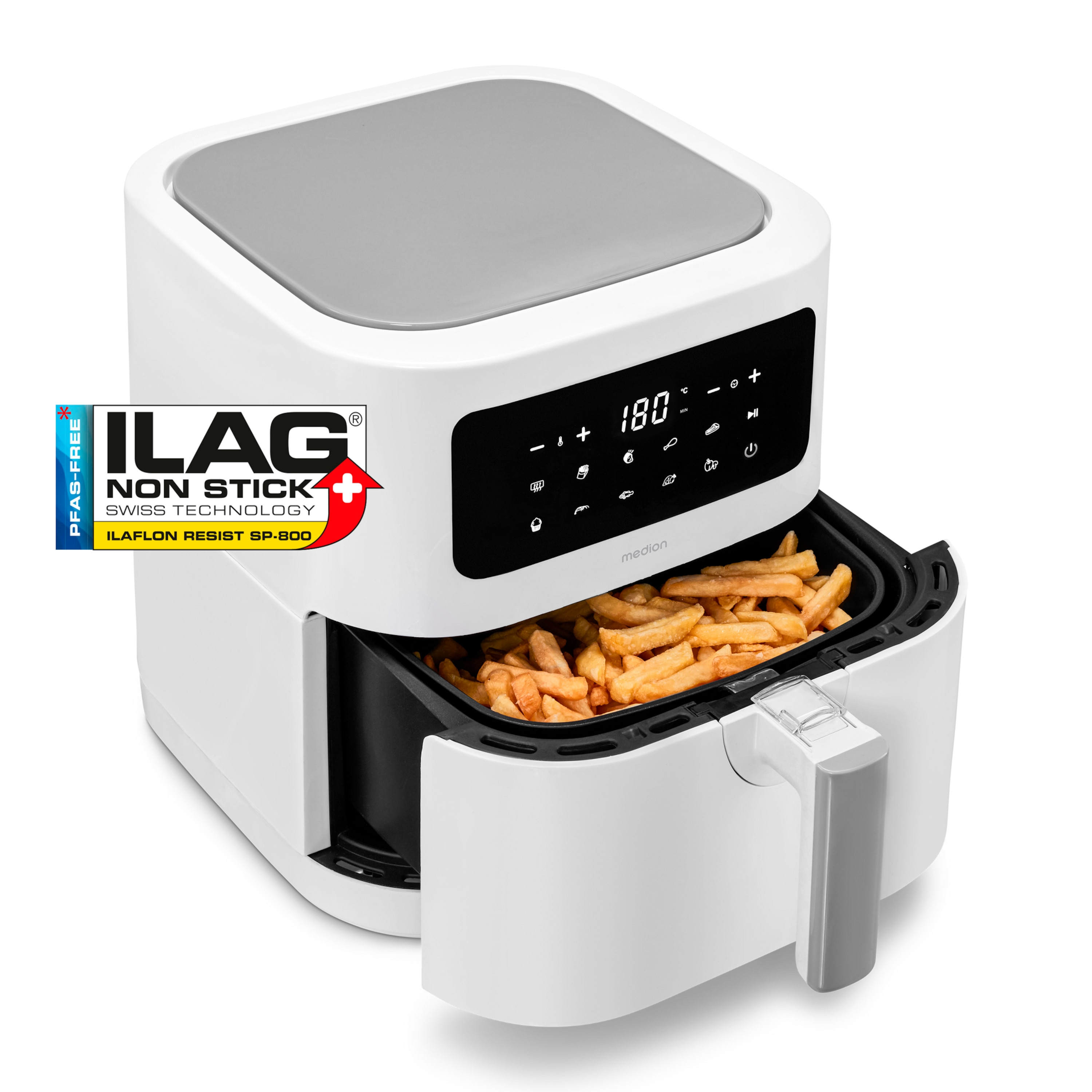 A white air fryer with a gray top and a drawer open, filled with french fries. The brand is Medion.