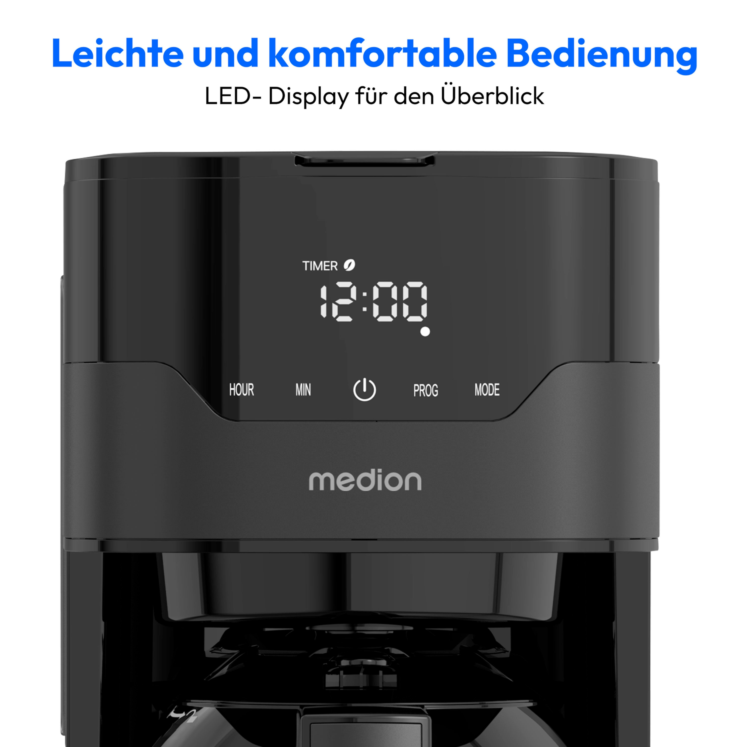 Eine schwarze Kaffeemaschine mit Timer-Anzeige 12:00, mit Tasten HOUR, MIN und MODE.
